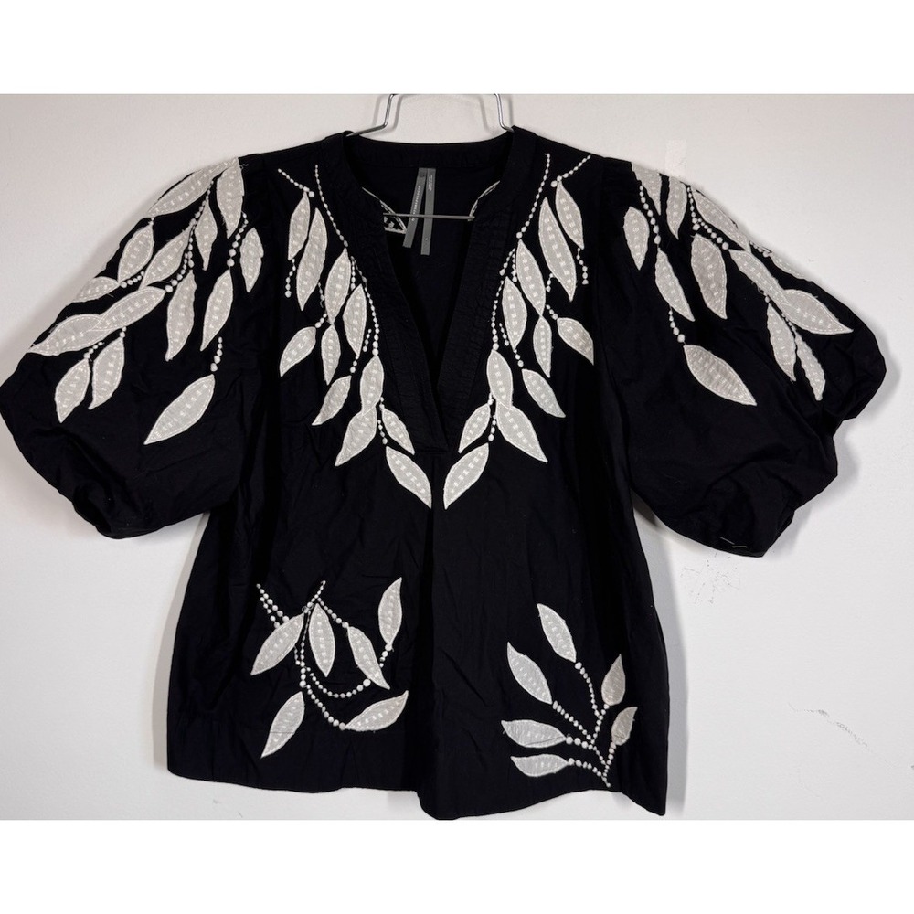 By Anthropologie Black Puff Sleeve Embroidered Top Blouse Women's L Modern Boho